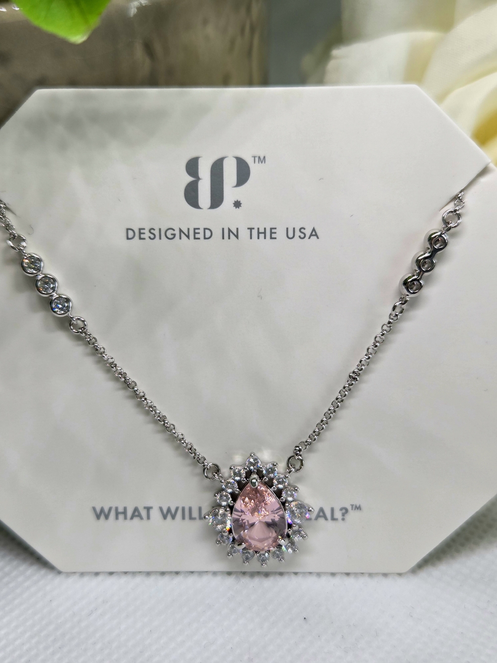 BP Light Pink Morganite Teardrop Halo Pendant Necklace